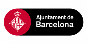 Logotipo del Ajuntament de Barcelona con un emblema rojo con una corona a la izquierda y el texto Ajuntament de Barcelona sobre fondo negro, que suele verse durante las fiestas locales y patronales de la ciudad.