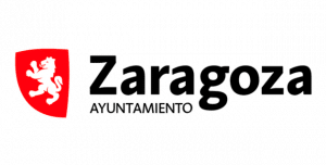 Logotipo del Ayuntamiento de Zaragoza con un escudo rojo con un león blanco a la izquierda, y las palabras Zaragoza Ayuntamiento en texto negro a la derecha, simbolizando su papel en las fiestas locales y patronales.