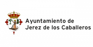 Logotipo del Ayuntamiento de Jerez de los Caballeros en el que aparece un emblema coronado con una figura ilustrada y árboles, símbolo de sus fiestas locales y patronales, junto al nombre en negrita.