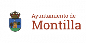 Logotipo del Ayuntamiento de Montilla en el que aparece un escudo coronado con un castillo, dos árboles y una luna creciente, junto al texto Ayuntamiento de Montilla, emblemático en sus fiestas locales y patronales.