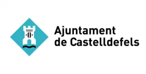 Logotipo del Ajuntament de Castelldefels que representa una torre de castillo estilizada sobre el agua, sobre un fondo de rombos azules, con el nombre de la organización en texto negro a la derecha, a menudo visto durante las fiestas locales y patronales.