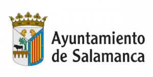 Escudo con una corona junto al texto Ayuntamiento de Salamanca sobre fondo claro, evocando el espíritu de las fiestas locales y patronales.