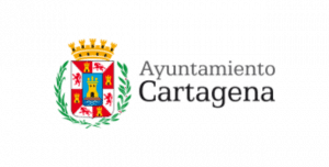 Escudo con un castillo amarillo rodeado de leones rojos y una corona dorada, junto al texto Ayuntamiento Cartagena sobre fondo blanco, muy utilizado en fiestas locales y patronales.