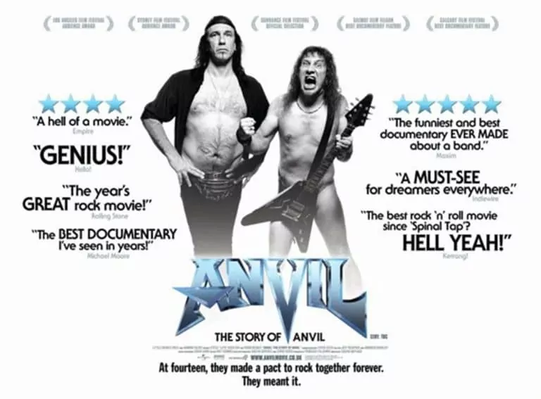 Dos hombres, uno sin camiseta y otro con una guitarra en la mano, aparecen en el centro de un cartel promocional del musical documental Anvil: The Story of Anvil, rodeados de elogios de la crítica.